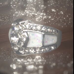 Art Deco Fire White Opal Sterling Silver Lined W/Sparkling Diamonds On This Ring